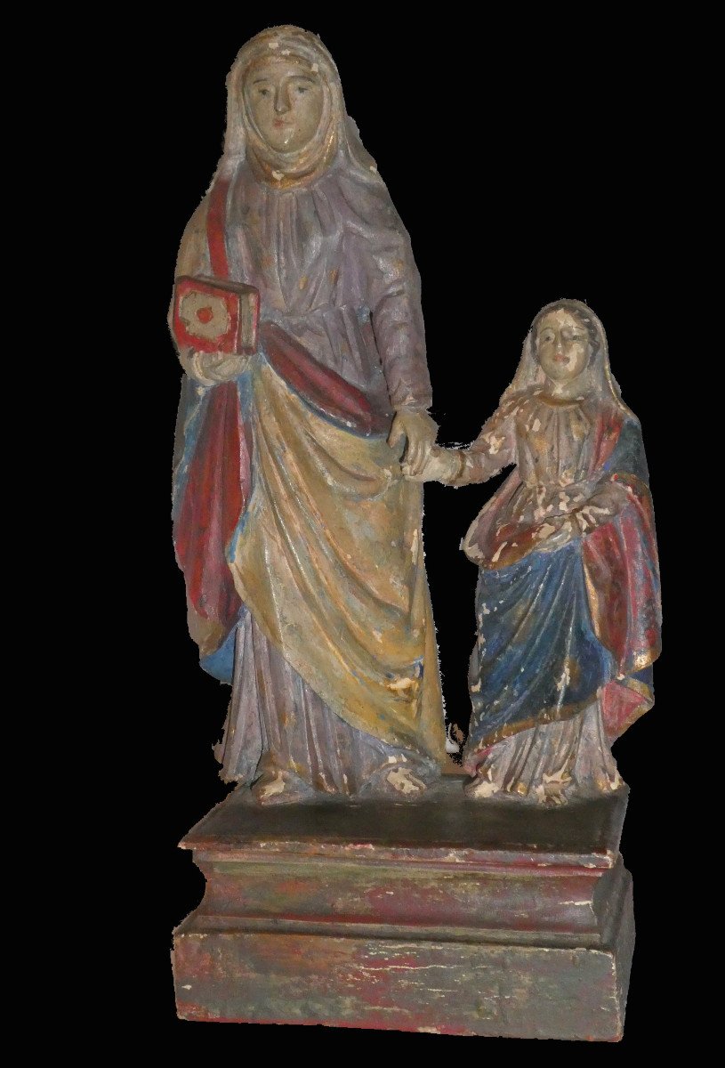 Religious Sculpture In Polychrome Wood, 18th Century Period, Saint Anne And The Virgin 