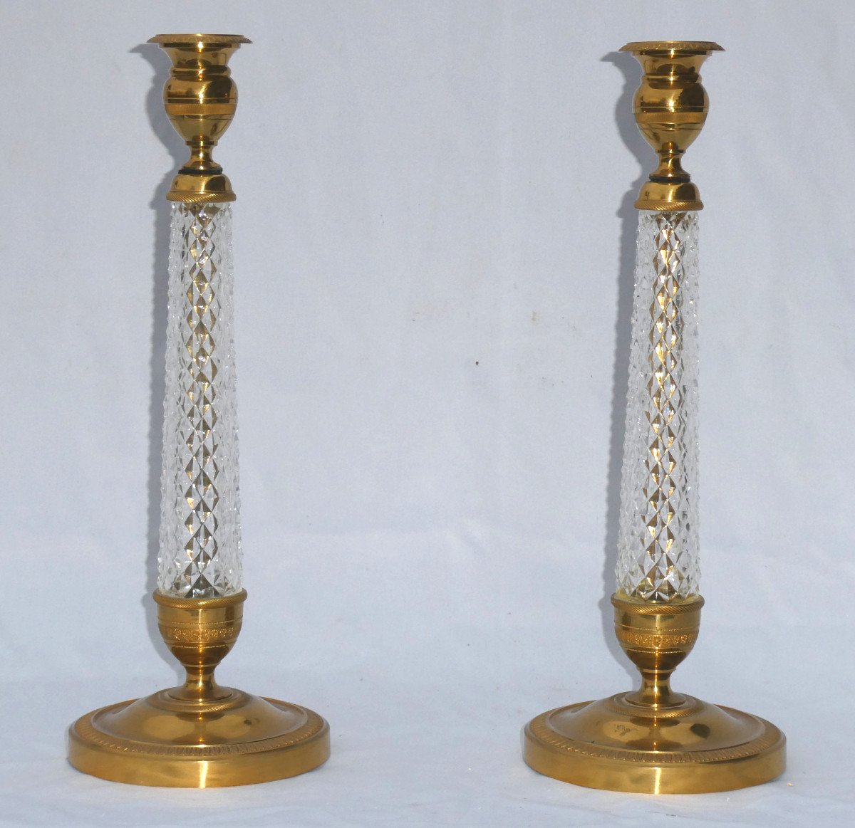 Large Pair Of Crystal & Gilt Bronze Candlesticks / Candlesticks, Charles X Style, Le Creusot -photo-2