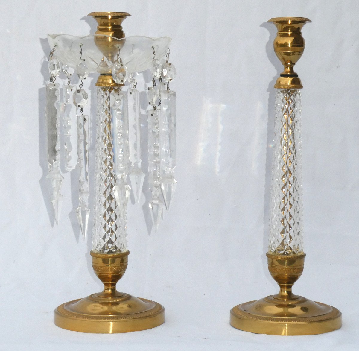 Large Pair Of Crystal & Gilt Bronze Candlesticks / Candlesticks, Charles X Style, Le Creusot -photo-3