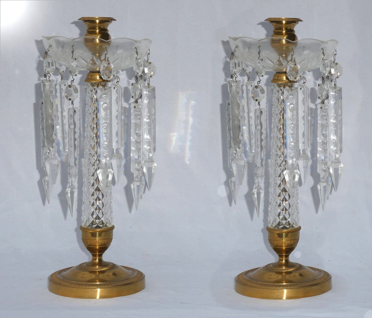 Large Pair Of Crystal & Gilt Bronze Candlesticks / Candlesticks, Charles X Style, Le Creusot 