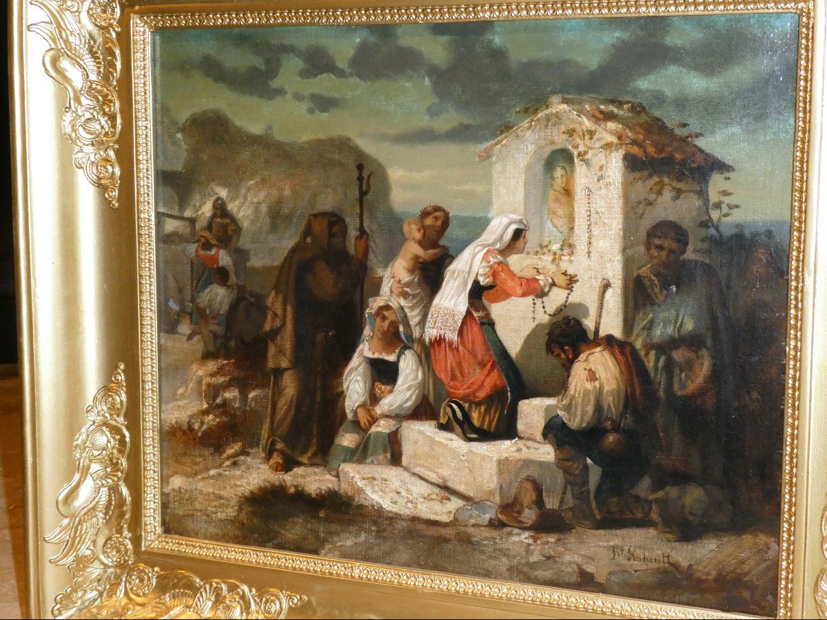 Huile Sur Toile Signee Diodore Rahoult , Devotion à La Vierge , Scène De Genre , Napoléon III -photo-2