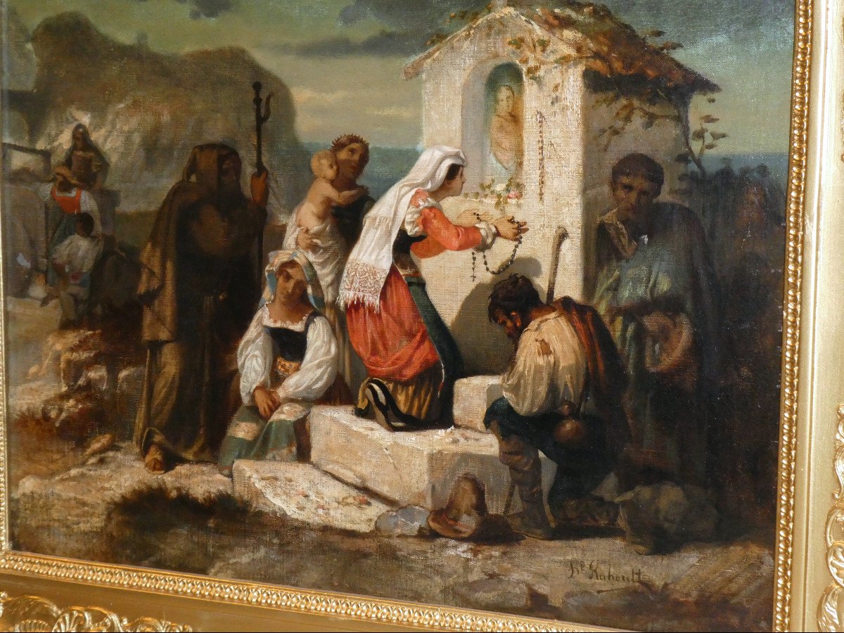 Huile Sur Toile Signee Diodore Rahoult , Devotion à La Vierge , Scène De Genre , Napoléon III -photo-4