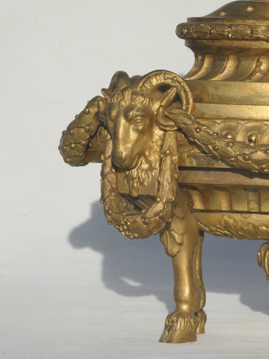 Pair Of Fire Pots, Napoleon III Period, Gilt Bronze, Louis XVI Style, 18th Century, Ram's Head-photo-2