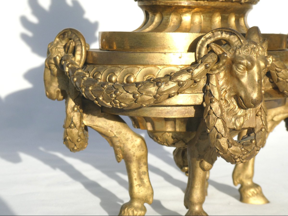 Pair Of Fire Pots, Napoleon III Period, Gilt Bronze, Louis XVI Style, 18th Century, Ram's Head-photo-5