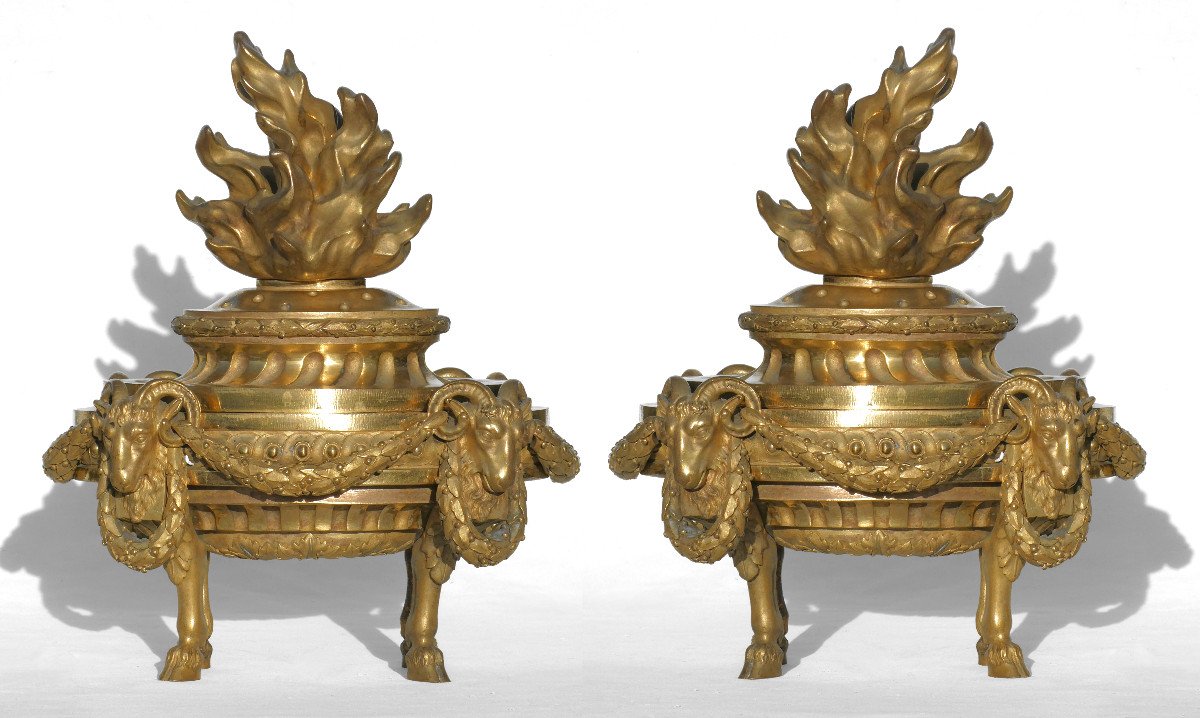 Pair Of Fire Pots, Napoleon III Period, Gilt Bronze, Louis XVI Style, 18th Century, Ram's Head