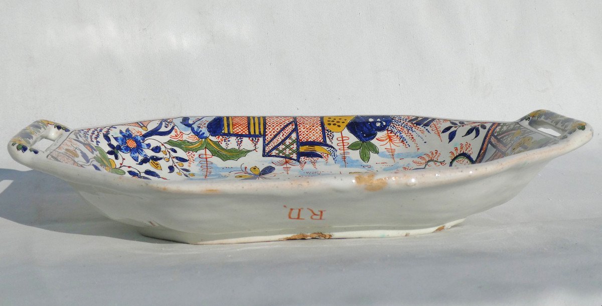 Two-handled Dish, 18th Century Earthenware, Chinese And Butterfly Decor, Rouen, Sinceny -photo-3