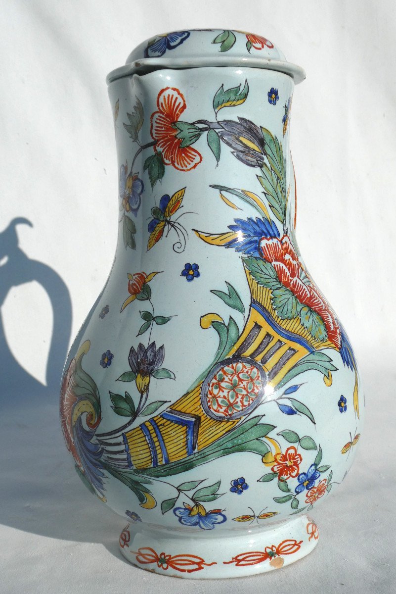 Large Covered Pot, Hot Water Pitcher In Rouen Earthenware, 18th Century, Polychrome Butterfly Decor-photo-2