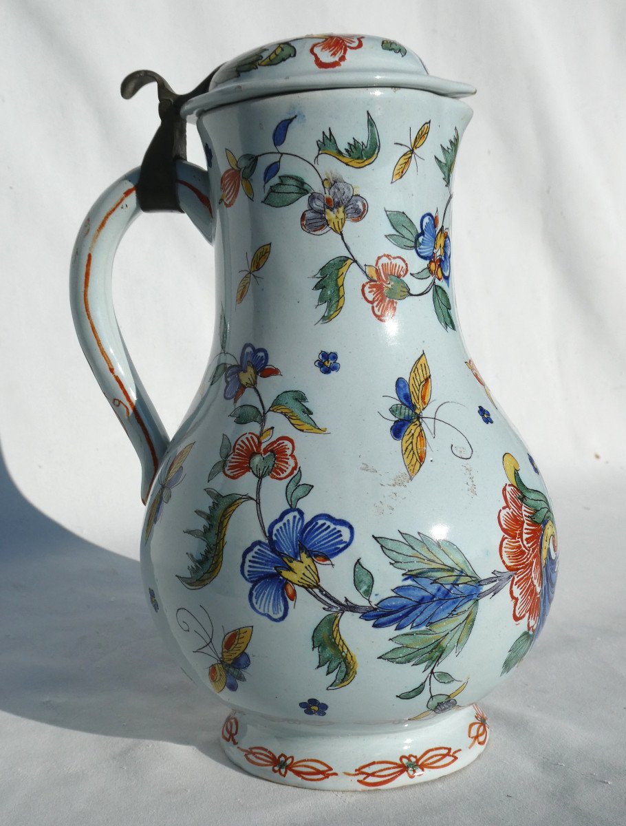 Large Covered Pot, Hot Water Pitcher In Rouen Earthenware, 18th Century, Polychrome Butterfly Decor-photo-3