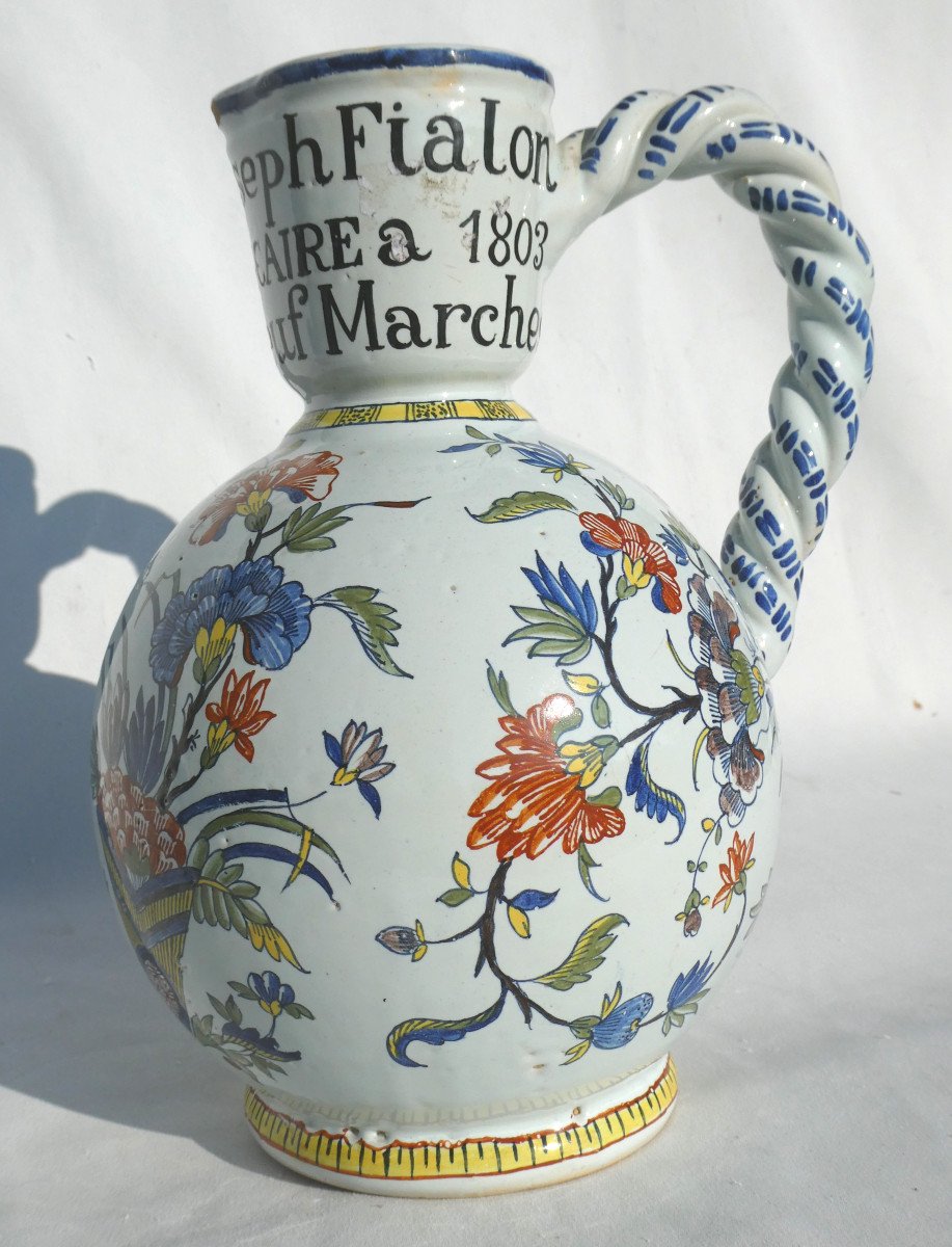 Patronymic Cider Pitcher, Rouen 19th Century, Bird Decor, Apothecary, Polychrome Earthenware-photo-2