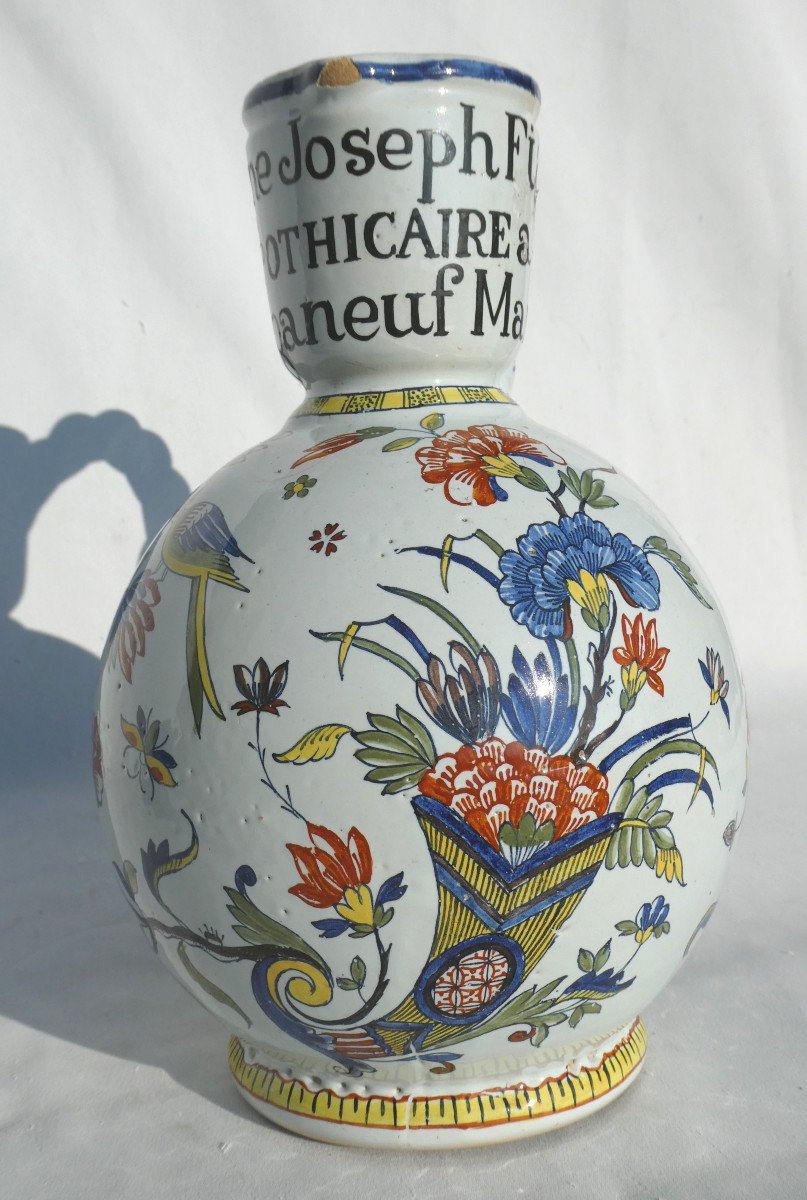 Patronymic Cider Pitcher, Rouen 19th Century, Bird Decor, Apothecary, Polychrome Earthenware-photo-3