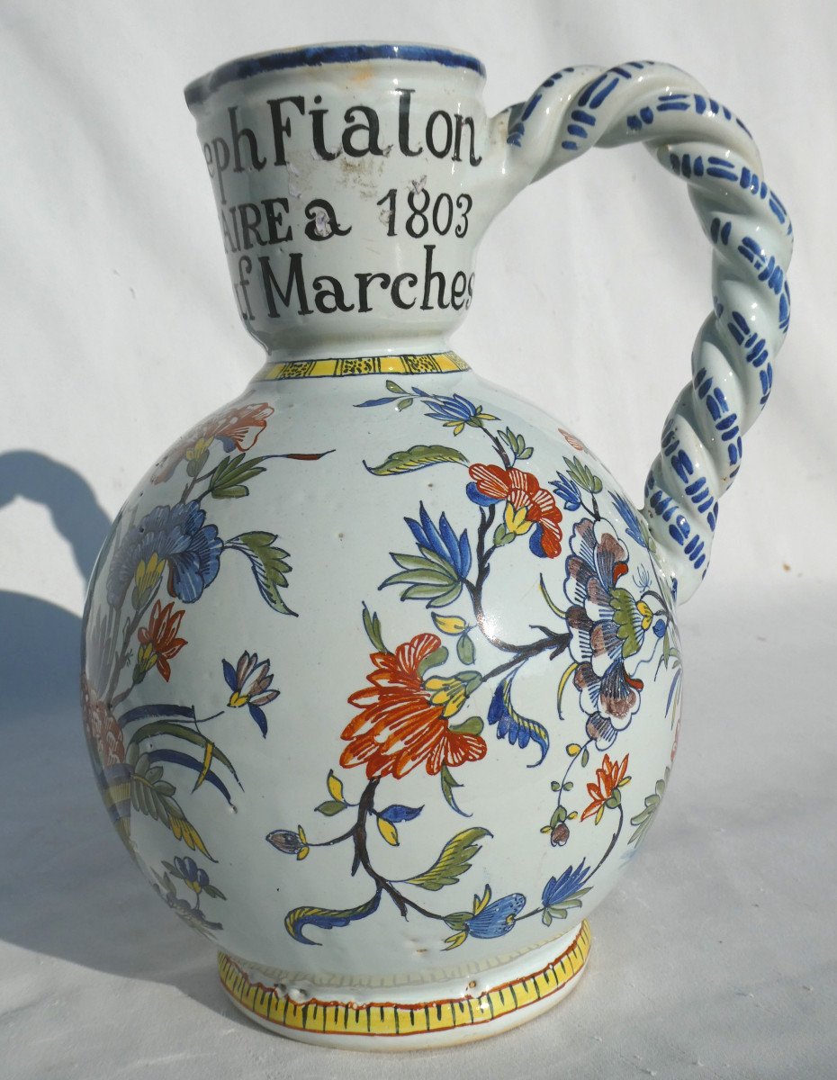 Patronymic Cider Pitcher, Rouen 19th Century, Bird Decor, Apothecary, Polychrome Earthenware-photo-3