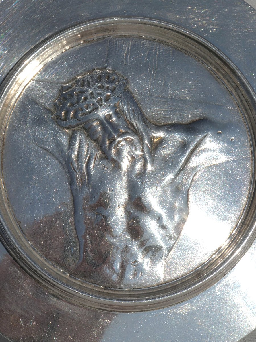 Solid Silver Patene, Decorated With Christ On The Cross, Signed Armand, Liturgical Plate 1930-photo-2