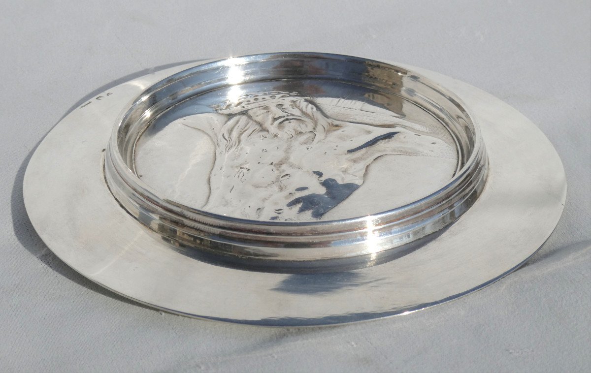 Solid Silver Patene, Decorated With Christ On The Cross, Signed Armand, Liturgical Plate 1930-photo-3