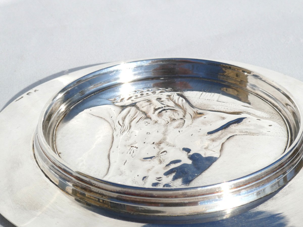 Solid Silver Patene, Decorated With Christ On The Cross, Signed Armand, Liturgical Plate 1930-photo-4