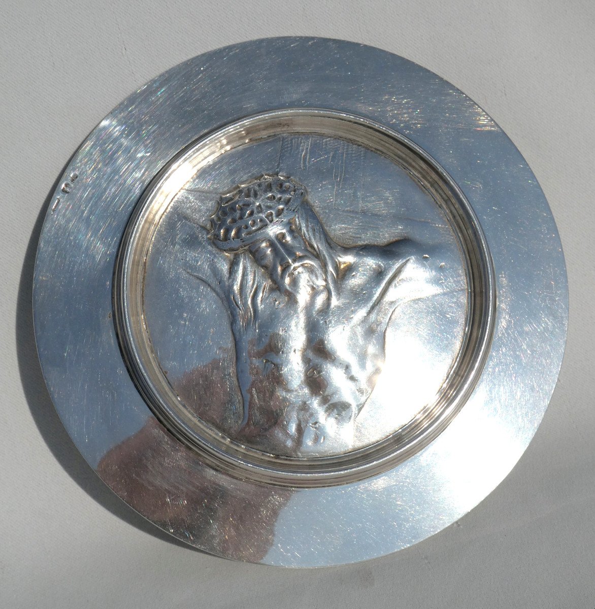 Solid Silver Patene, Decorated With Christ On The Cross, Signed Armand, Liturgical Plate 1930