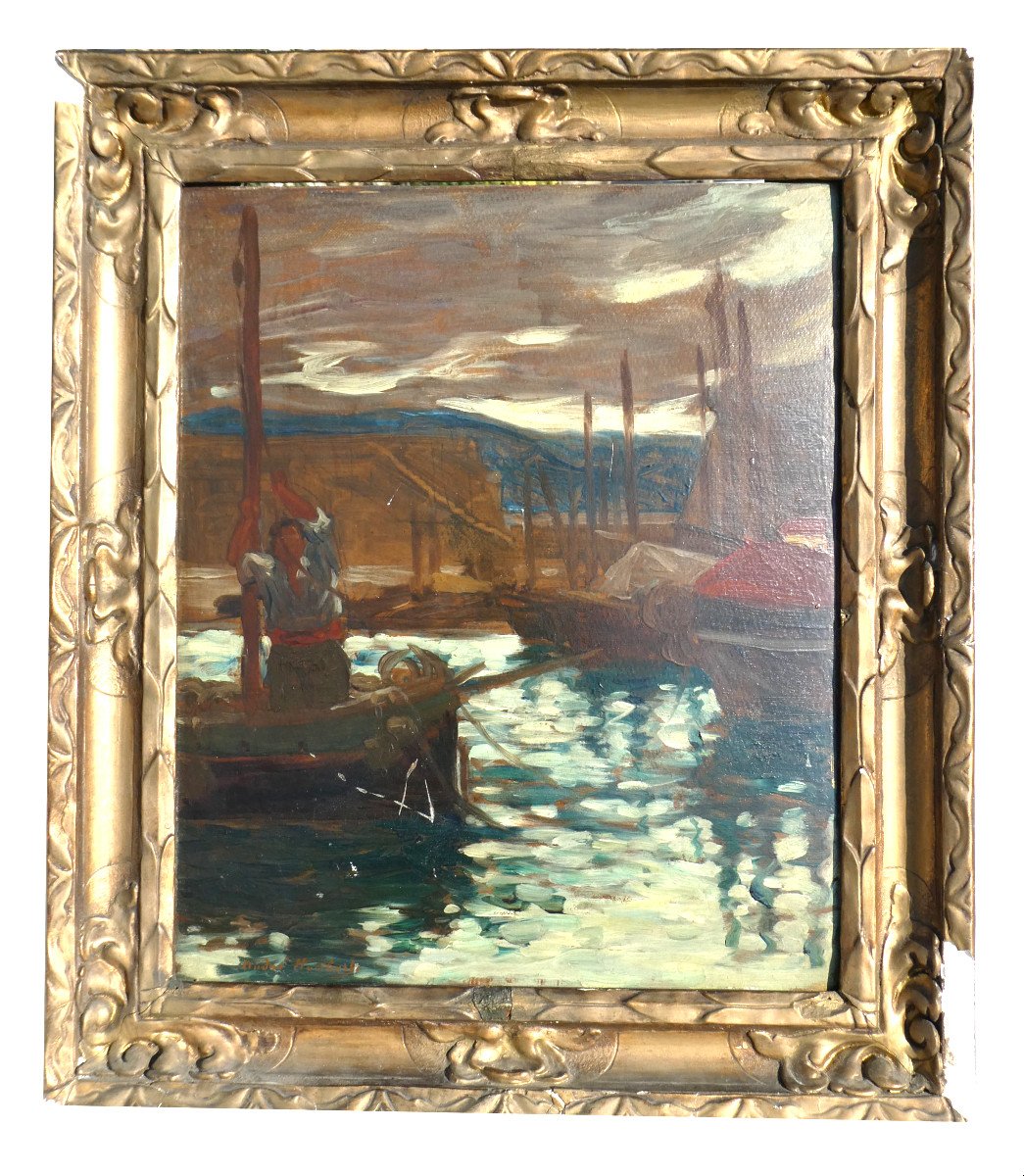 Oil On Panel Signed André Louis Maxime Humbert Port Scene, Basque Country 1920 Fisherman-photo-2