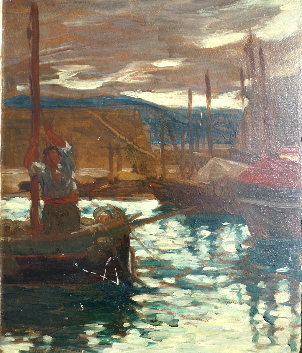 Oil On Panel Signed André Louis Maxime Humbert Port Scene, Basque Country 1920 Fisherman-photo-1