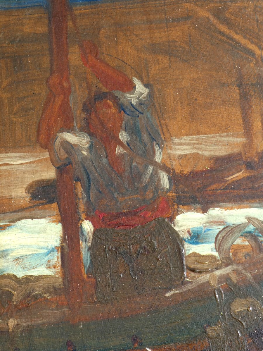 Oil On Panel Signed André Louis Maxime Humbert Port Scene, Basque Country 1920 Fisherman-photo-3