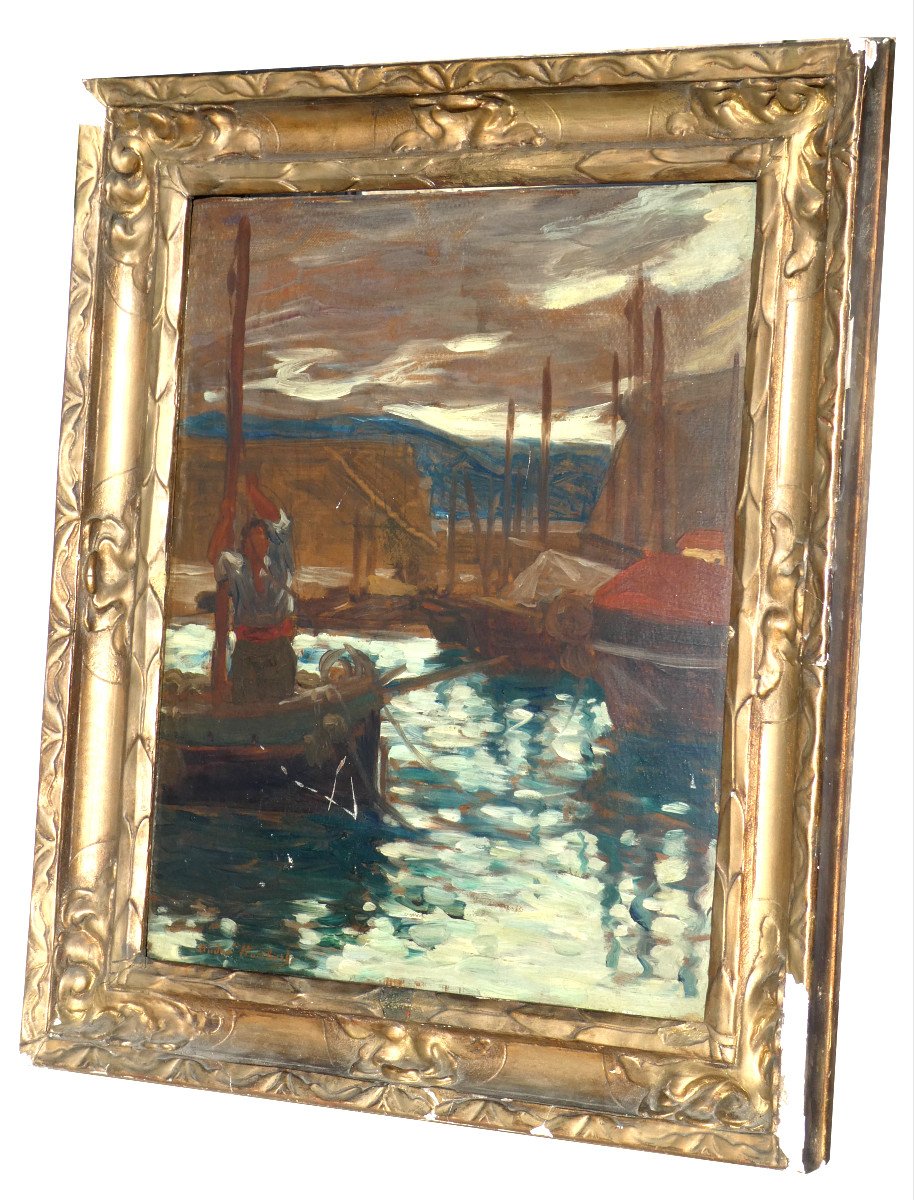 Oil On Panel Signed André Louis Maxime Humbert Port Scene, Basque Country 1920 Fisherman