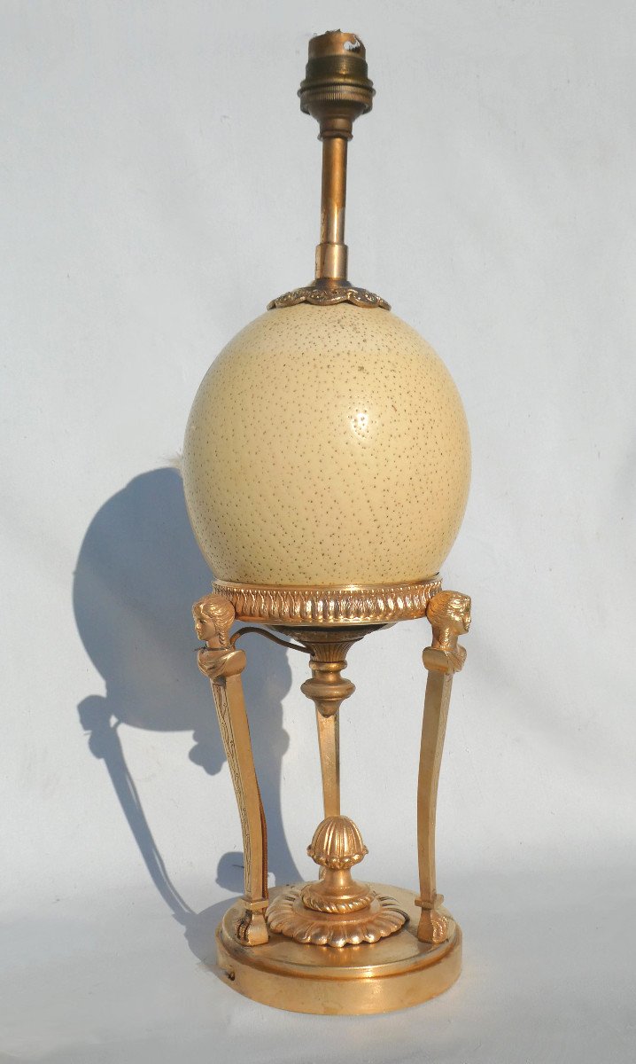 Lampe De Table En Bronze Doré Et Oeuf d'Autruche , Cariatides , Cassolette , Napoléon III XIXe-photo-2