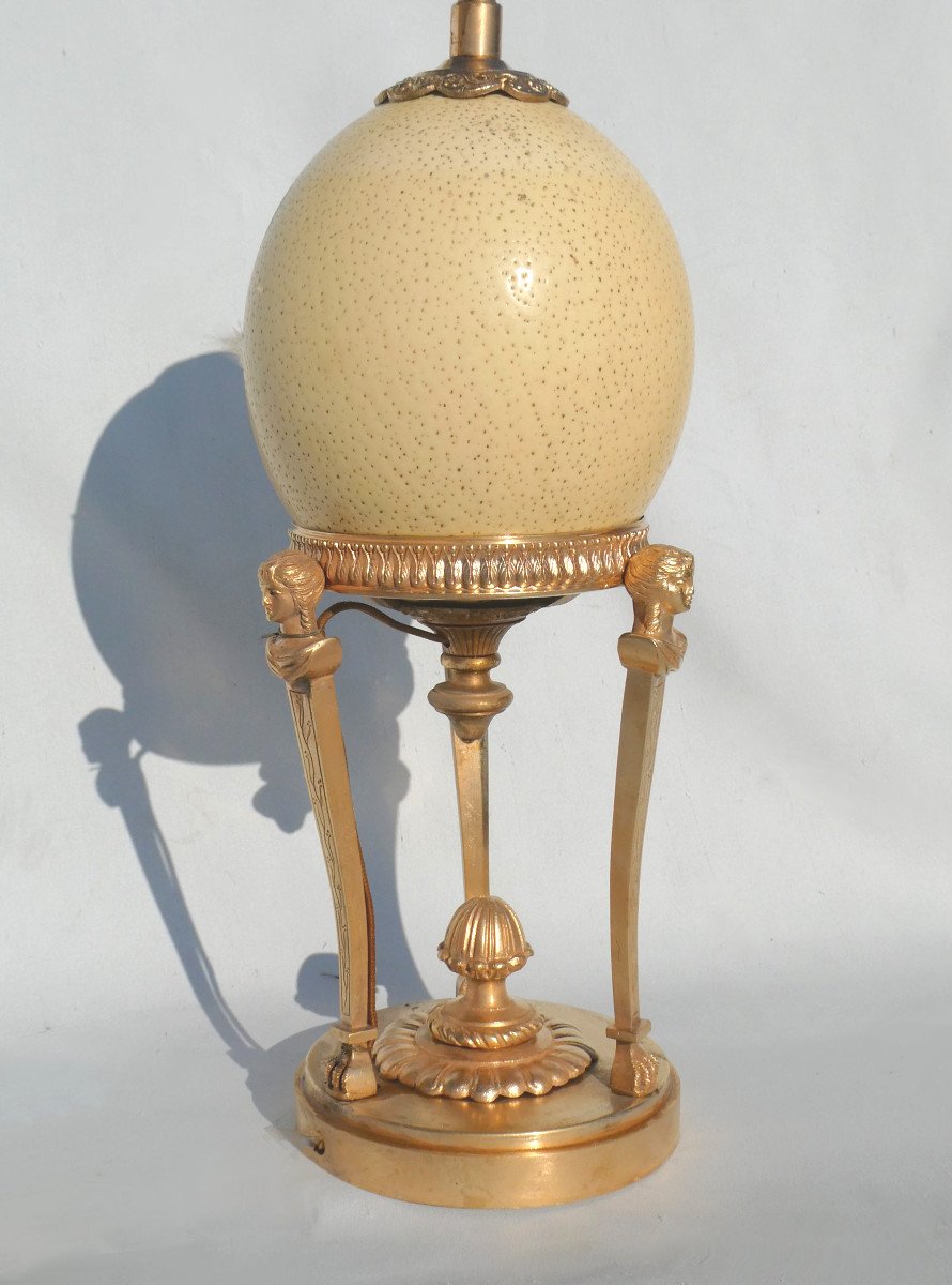 Lampe De Table En Bronze Doré Et Oeuf d'Autruche , Cariatides , Cassolette , Napoléon III XIXe-photo-1