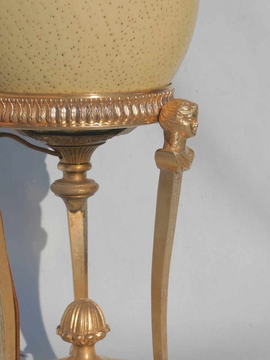 Lampe De Table En Bronze Doré Et Oeuf d'Autruche , Cariatides , Cassolette , Napoléon III XIXe-photo-2