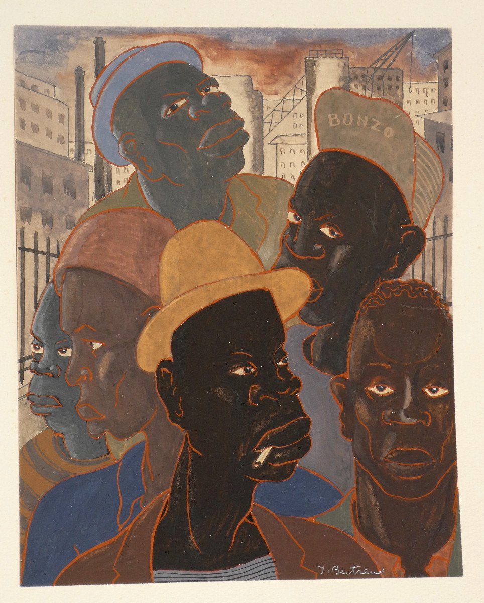 Gouache Period 1950, Portraits Of Six Men, J. Bertrand, Urban Planning, New York, Modernism