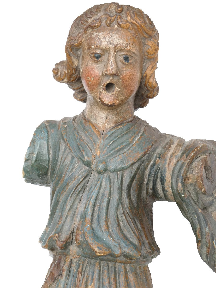 Religious Sculpture In Polychrome Wood, 18th Century Period, Annunciating Angel, Character -photo-2