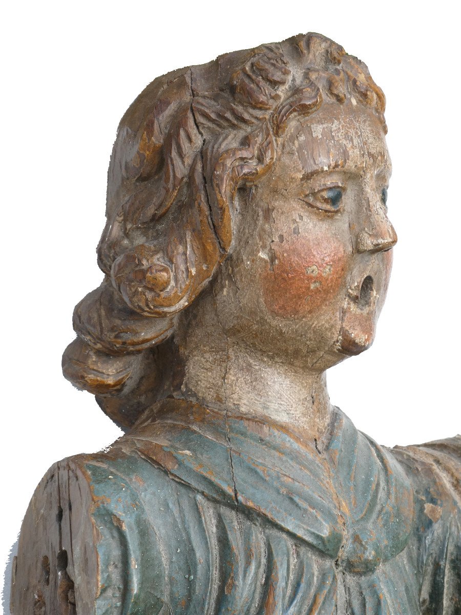 Religious Sculpture In Polychrome Wood, 18th Century Period, Annunciating Angel, Character -photo-3