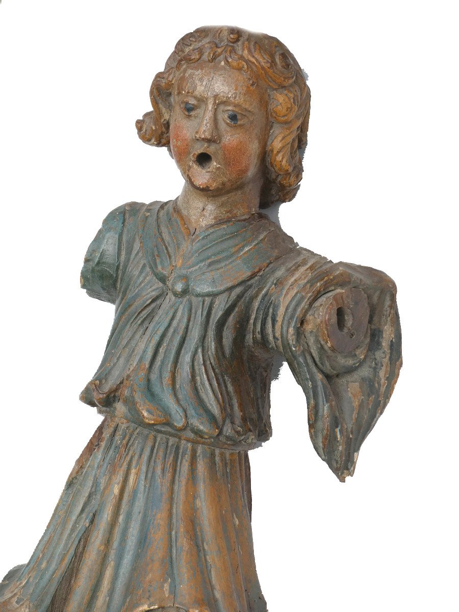 Religious Sculpture In Polychrome Wood, 18th Century Period, Annunciating Angel, Character -photo-3