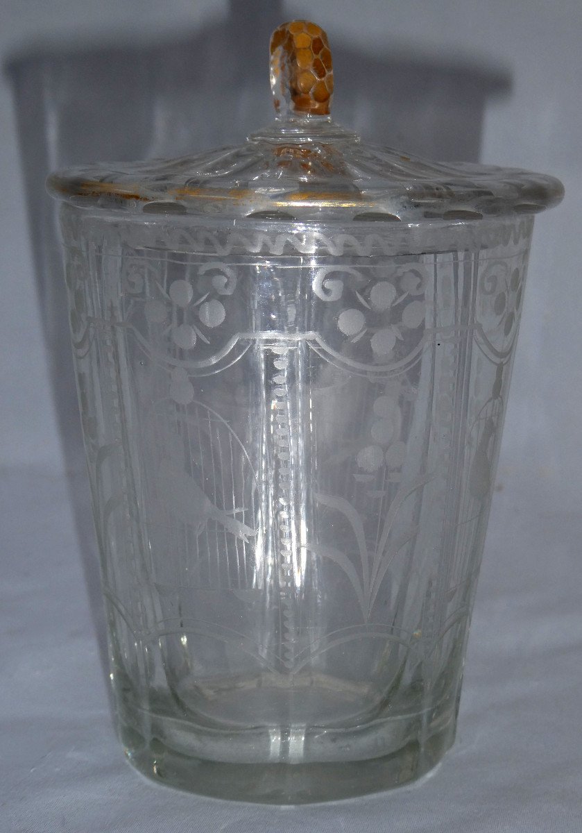 Glass / Covered Goblet 18th Century Period, Engraved Decor Of Bird In Cage, Flowers -photo-1