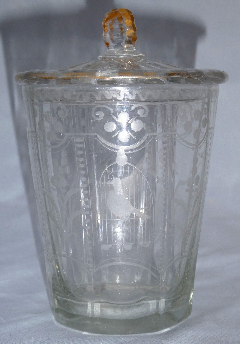 Glass / Covered Goblet 18th Century Period, Engraved Decor Of Bird In Cage, Flowers 