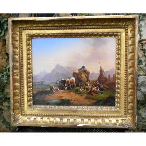 Oil On Copper, Italian Painting, Country Scene, The Harvest Circa 1830, Horse, Mountain