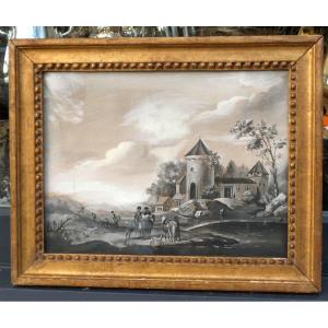 Gouache Period 19th Century 1820, Landscape Decor In Grisaille, Painting, Hunting & Horses
