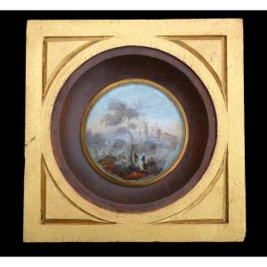 Large Miniature Painted Fixed Under Glass, Mahogany Frame, 1830, 19th Century Fishermen, 