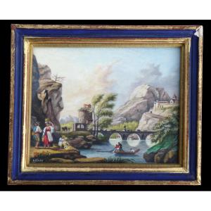 Miniature Aquarellée De R Nicolle , Paysage d'Aprés Une Toile De Claude Joseph Vernet à Nantes