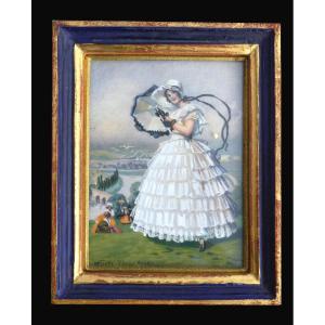 Miniature , Aquarelle , Jeune Femme En Crinoline Signée R Nicolle , Costume De Musette , Aubry
