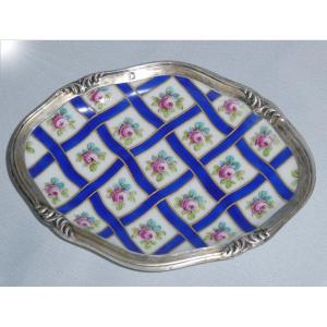 Sevres Style Porcelain Empty Pocket, 1900 Sterling Silver Frame, Business Card Holder