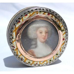 Tabatiere Box Period 1780, Miniature Of Young Woman 18th Century, Straw Marquetry, Silver 