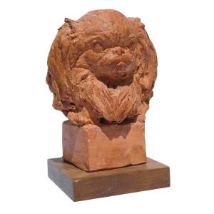 Animal Sculpture, Terracotta Signed Richard Fath, Japanese Spaniel, Pekinese, Dog 