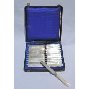 Series Of 12 Table Knives In Mother Of Pearl And Sterling Silver, Box, 19th Century Goldsmith Napoleon III