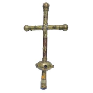 Large Processional Cross In Bronze & Brass, Haute Epoque, 16th Century, Haute Auvergne