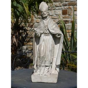 Large Saint Martin Bishop In Carved Stone, 19th Century Period, Religious Statue