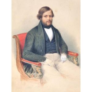 Portrait Of Dandy Signed Ernest-joseph Angelon Girard, Watercolor Dated 1840 Young Man