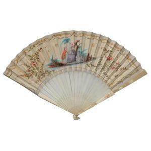 Louis XVI Period Fan, Painting On 18th Century Vellum, Carved Ivory Branches Circa 1780