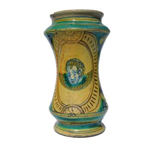 Albarello Cintré En Ceramique Italienne , Décor De Putto , Pot à Pharmacie , Apothicaire XVIIe