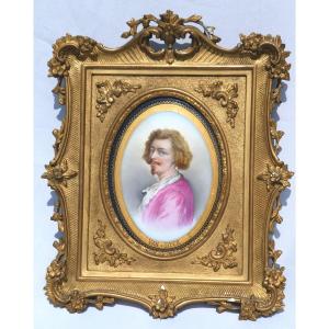 Painting On Porcelain Napoleon III Period Self-portrait By The Painter Van Dyck Nineteenth Golden Frame
