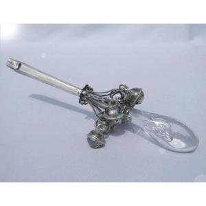 18th Century Whistling Rattle, Crystal & Sterling Silver, Nurse Toy, Nevers