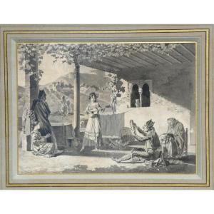 Encre De Chine & Lavis , Scene De Saltimbanques, Polichinelle , Jean-baptiste Mallet Vers 1820