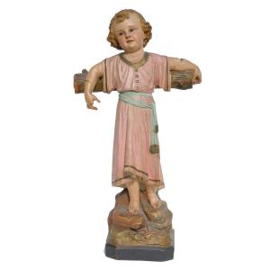 Religious Sculpture 1900 Period, Child Jesus, Polychrome Wood, Sulphide Eyes, Statue